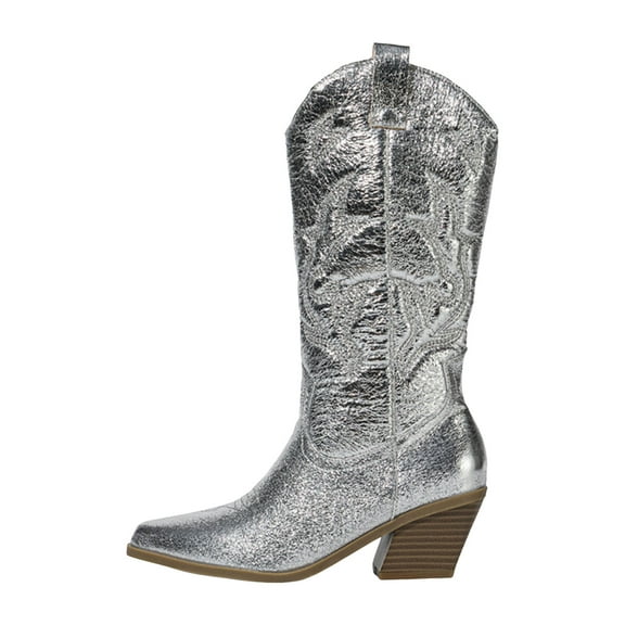 UngA Womens Cowboy Boots confort Women's Mid Calf Boots, Comfort Buckle Slouchy Booties with Side Zipper Silver,6