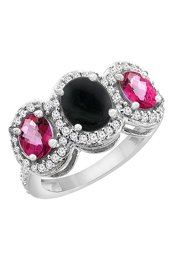 14K White Gold Natural Black Onyx & Pink Topaz 3-Stone Ring Oval Diamond Accent, size 8.5