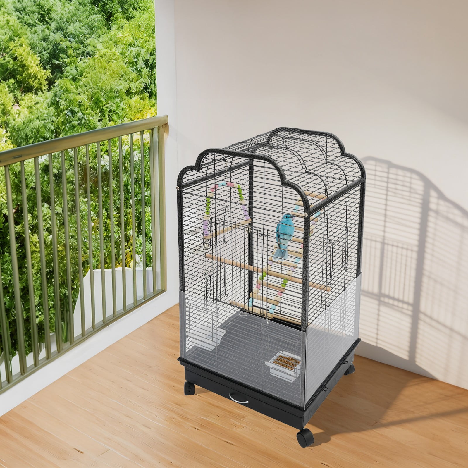 37.4inch Free Standing Bird Flight Cage, Black Dual-Opening Roof Bird Pet Cage for Homes, Balconies, Bird Markets