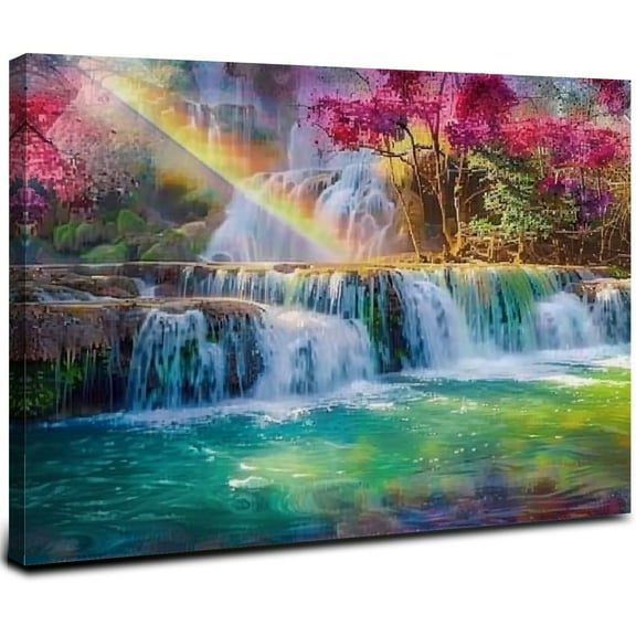 JRXY Waterfall Landscape Canvas Wall Art Prints Poster Lake Tree Pictures Wall Decor Natural Scenery Painting for Living Room Bedroom Kitchen Home Decoration Artwork Easy Hanging 20x16inch