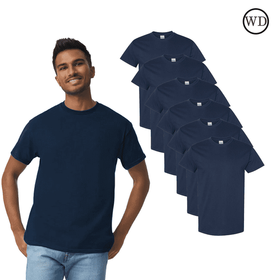 Gildan Heavy Cotton Men's T Shirt 6 Pack, Short Sleeve Crew Neck Classic Fit 100% Cotton Tee, Navy, S