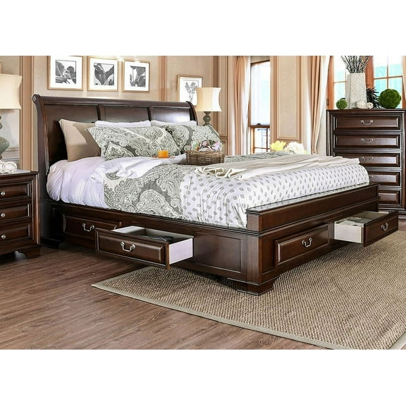 Brown Cherry Storage California king Size Bed Bedroom Furniture Solid wood Rail Drawers Wood inlay Nickel Pulls Storage Drawers bed