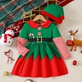 thumbnail image 2 of Rhuody Girls' Dresses Christmas Dresses Long Sleeve Striped Print Dress With Hat Set Holiday Party Outfit For Wear Retro Simple Style Girl Clothes Green 5-6 Years, 2 of 9