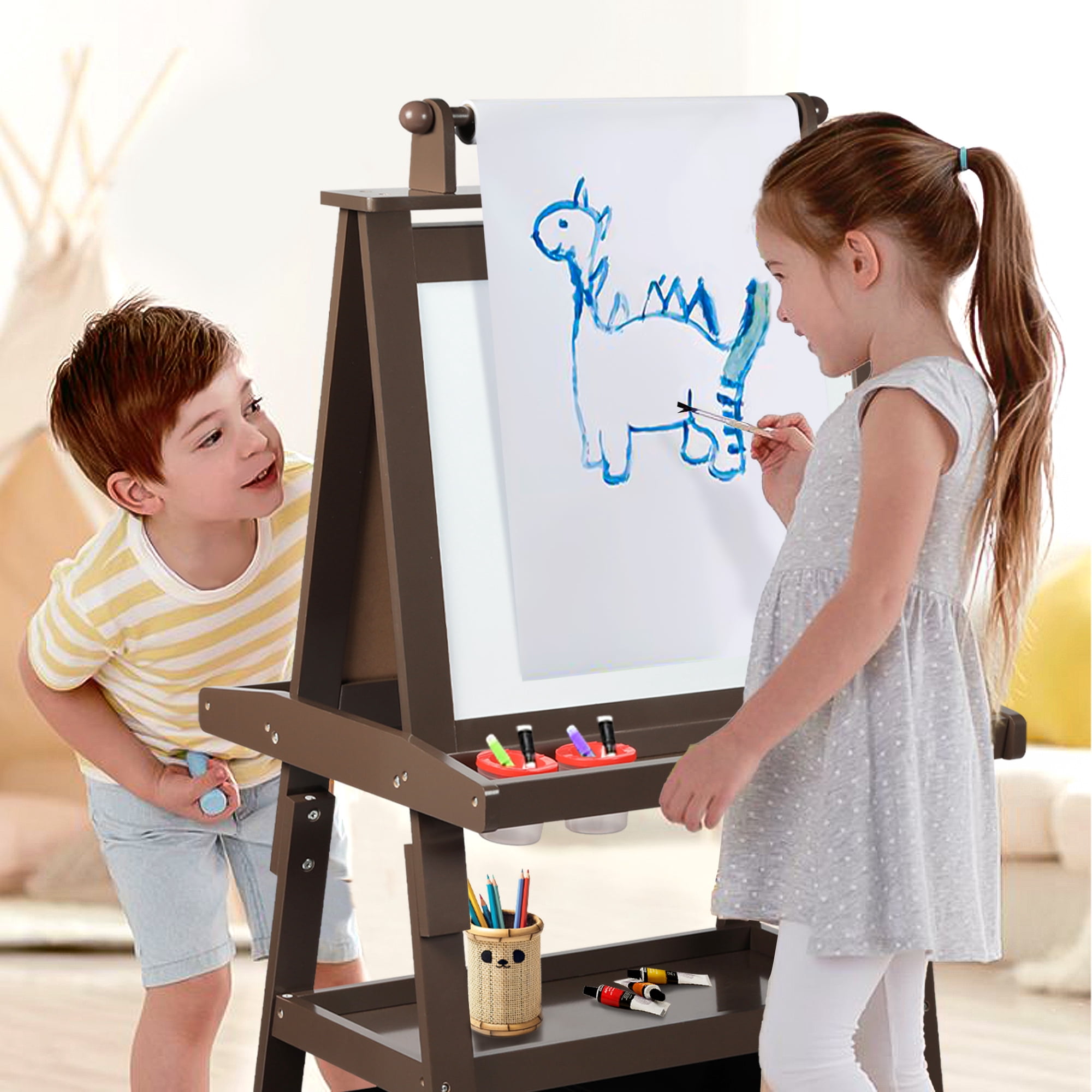 AILEEKISS 3 in 1 Kids Art Easel Double-Sided Magnetic Whiteboard Chalkboard with Paper Roller, Coffee