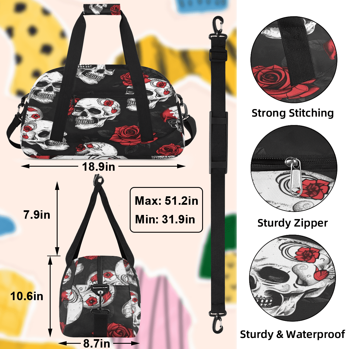 Herdesigns Skull Rose Flower Sports Duffle Bag for Women & Men, Gym Bag Dance Bag Overnight Bag Carry On Weekender Travel Bag