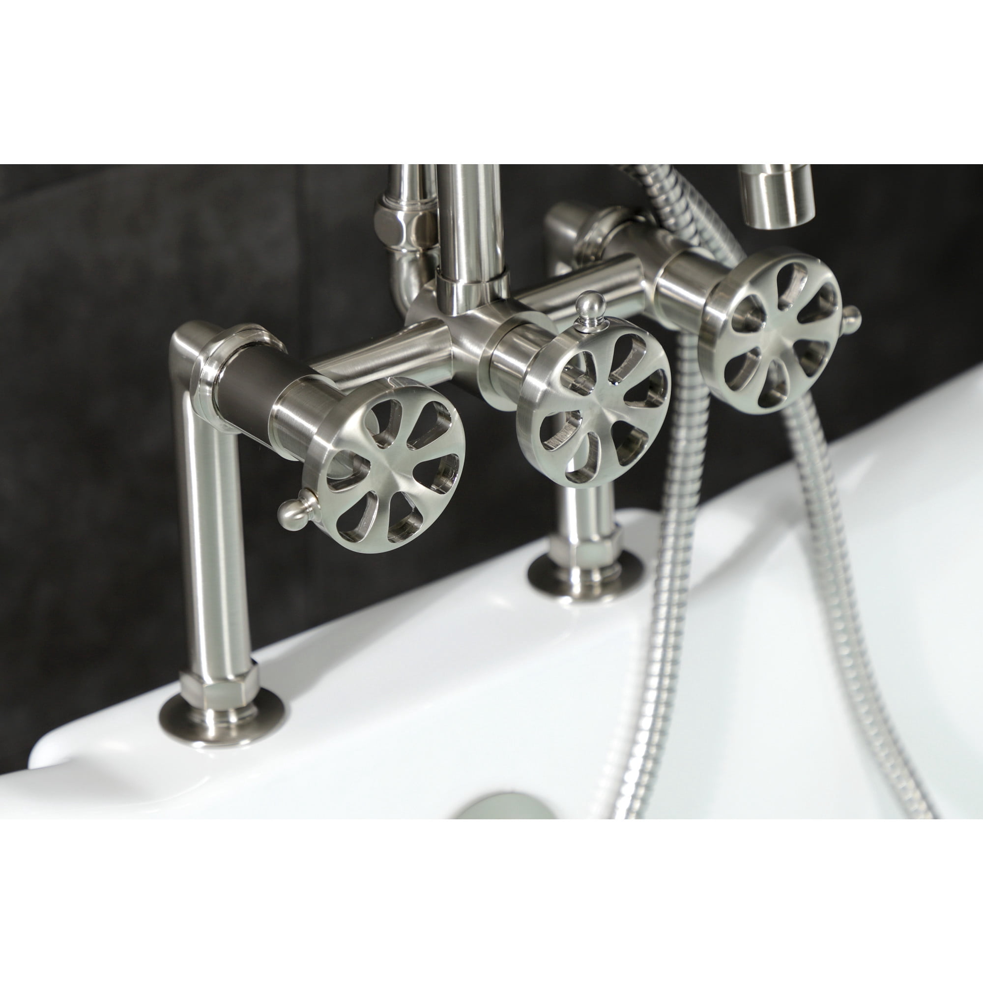 Kingston Brass AE8108RX Belknap Three-Handle 2-Hole Deck-Mount Clawfoot Tub Faucet with Hand Shower in Brushed Nickel