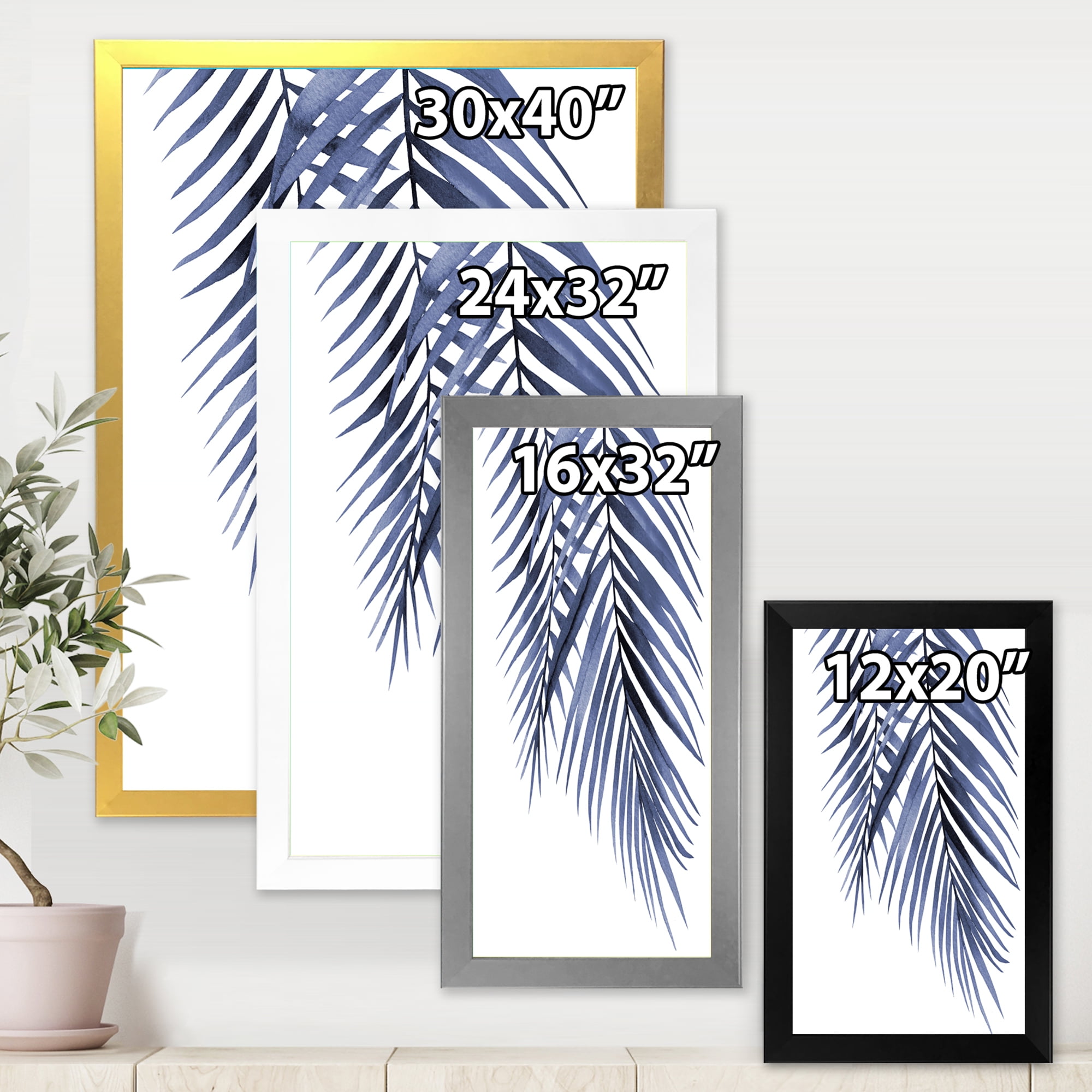 Designart 'Abstract Blue Palm Leaves Tropical Branches' Traditional Framed Art Print