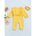 thumbnail image 2 of Spring Baby Girls Sweet Solid Color Jumpsuits Newborns Infant Long Sleeves O-Neck Lace Bodysuits Bow Headband Outfits, 2 of 8