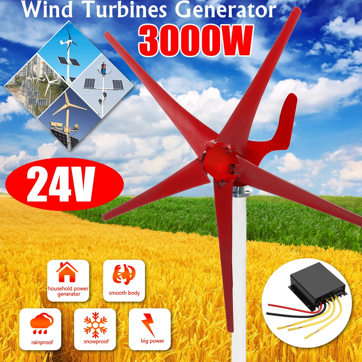 Charge Controller 3000W 12/24/48V 5 Blades Wind Turbines Generator Horizontal W