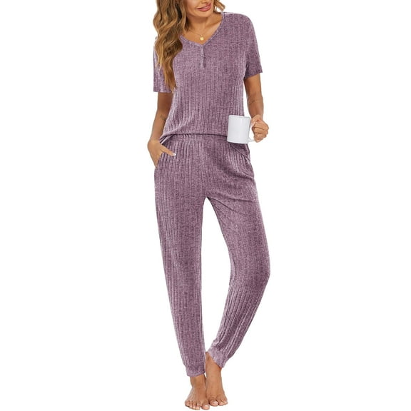 Ekouaer Pajama Sets for Womens Rib Knit 2 Piece Pjs Jogger Pants Short Sleeve Sleepwear Lounge Set with Pockets