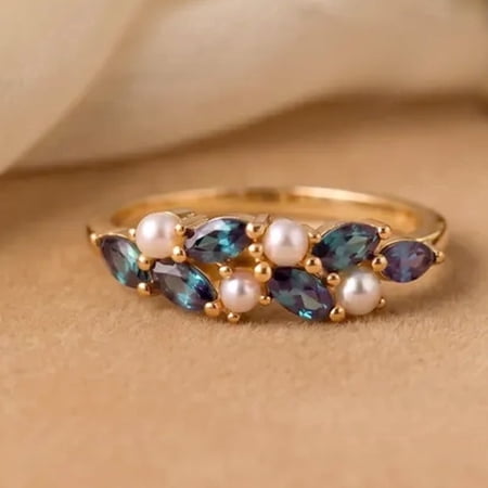 Vintage Alexandrite and Pearl Ring, Marquise Blue Gemstone Cluster Band, Art Deco Floral Promise Ring, 925 Sterling Silver Anniversary Gift for Her