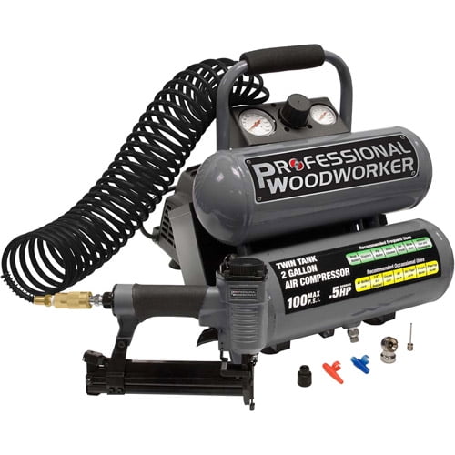 Professional Woodworker 18 Gauge Brad Nailer with 2 Gallon Twin Stack Compressor Combo Kit by NATI LLC