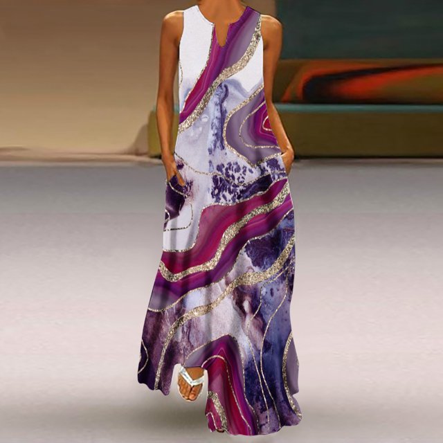 SMihono Robe Maxi Bohème d'Été pour Femmes Grande Taille Femmes Décontractée Ample Imprimée Robe Débardeur Plage Col en V avec Poche Robe Soleil Sans Manches Robes Plage Évasée Robe Soleil