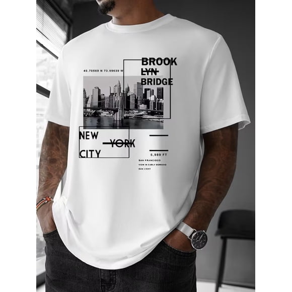 T-Shirt Graphique New York Skyline pour Homme - T-Shirt Décontracté Bleu Royal à Col Rond avec Motif Brooklyn Bridge et Central Park, L