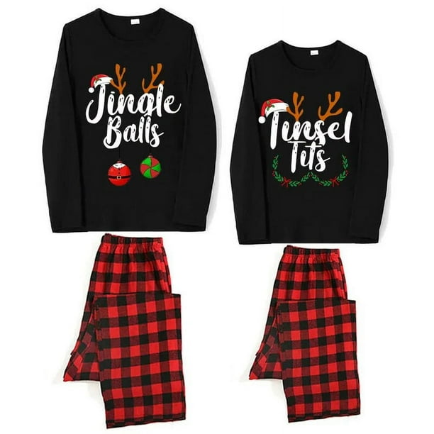 Jngle-Pijama navideño a juego para pareja, Conjunto de pijama negro con tetas y oropel, bolas y oropel