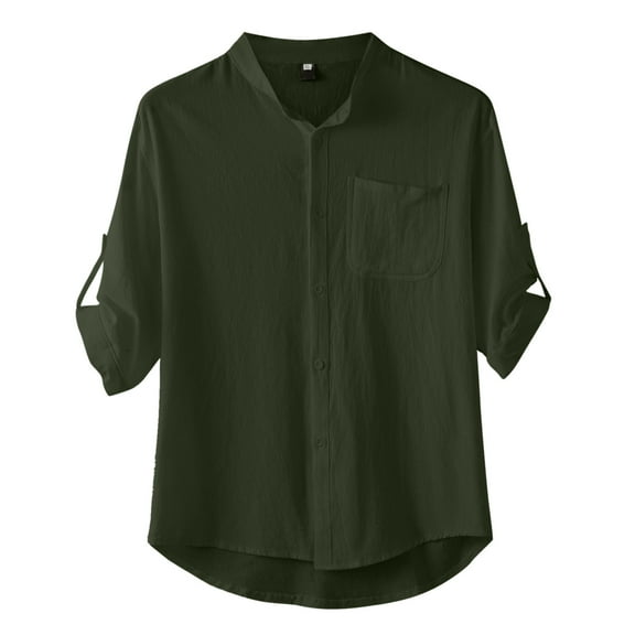 Krdevn Mens Shirts - Male Turndown Collar Casual Solid Half Sleeve Cotton Linen Shirt Button Shirt,Mens Fall Shirts,Color:Army Green,Size:XXL
