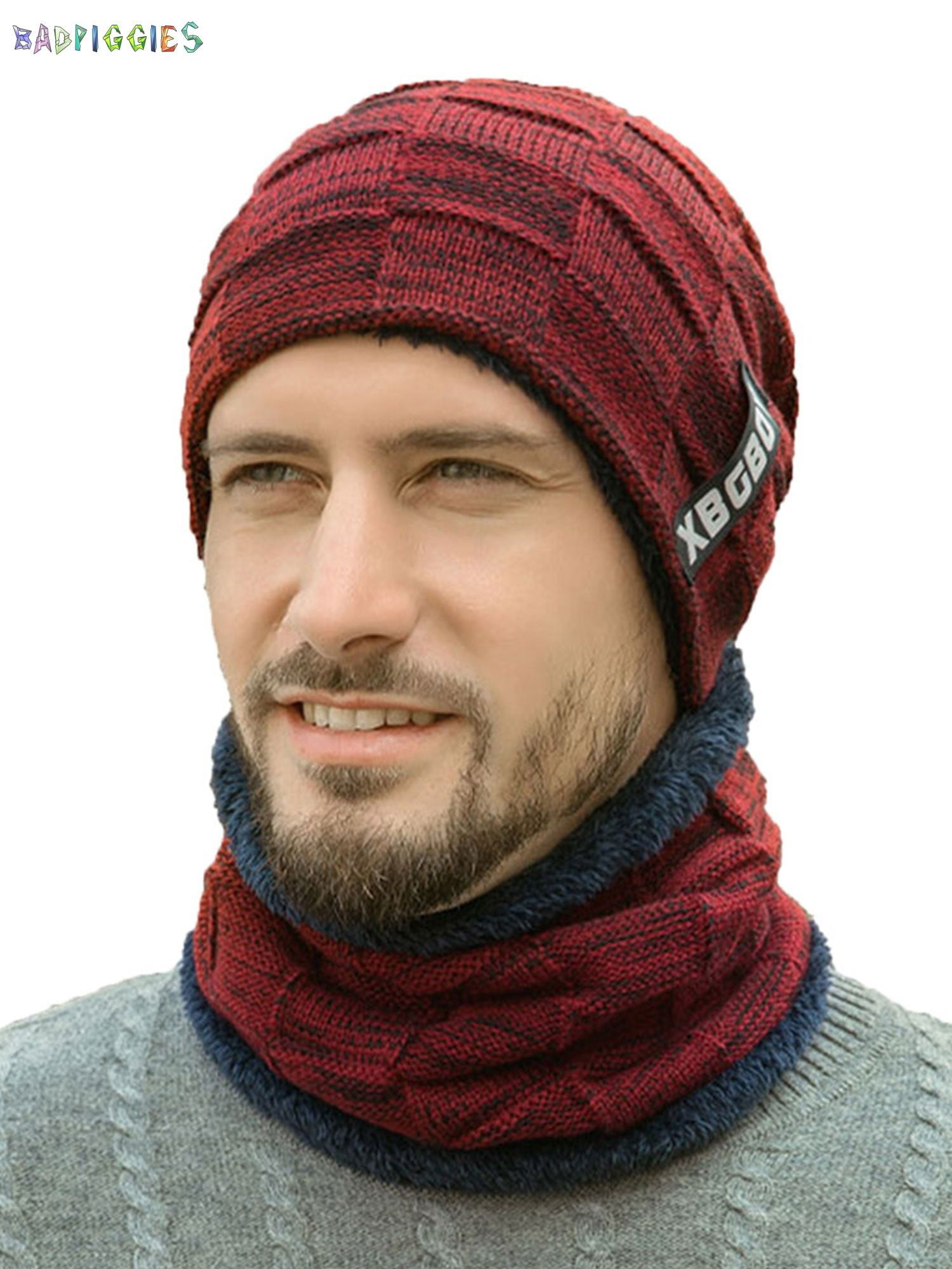 Mens Winter Beanie Hat Scarf Set Warm Fleece Lined Knit Ski Slouchy Skull Cap
