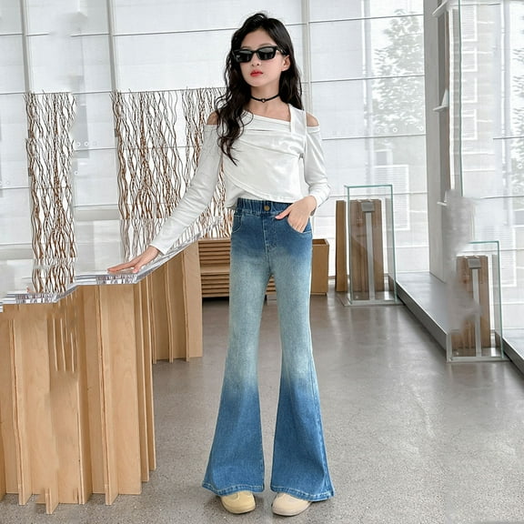 Kids Girls Baggy Jeans Elastic High Waist Wide Leg Pants Pants for Teen Girls Kids Jeans