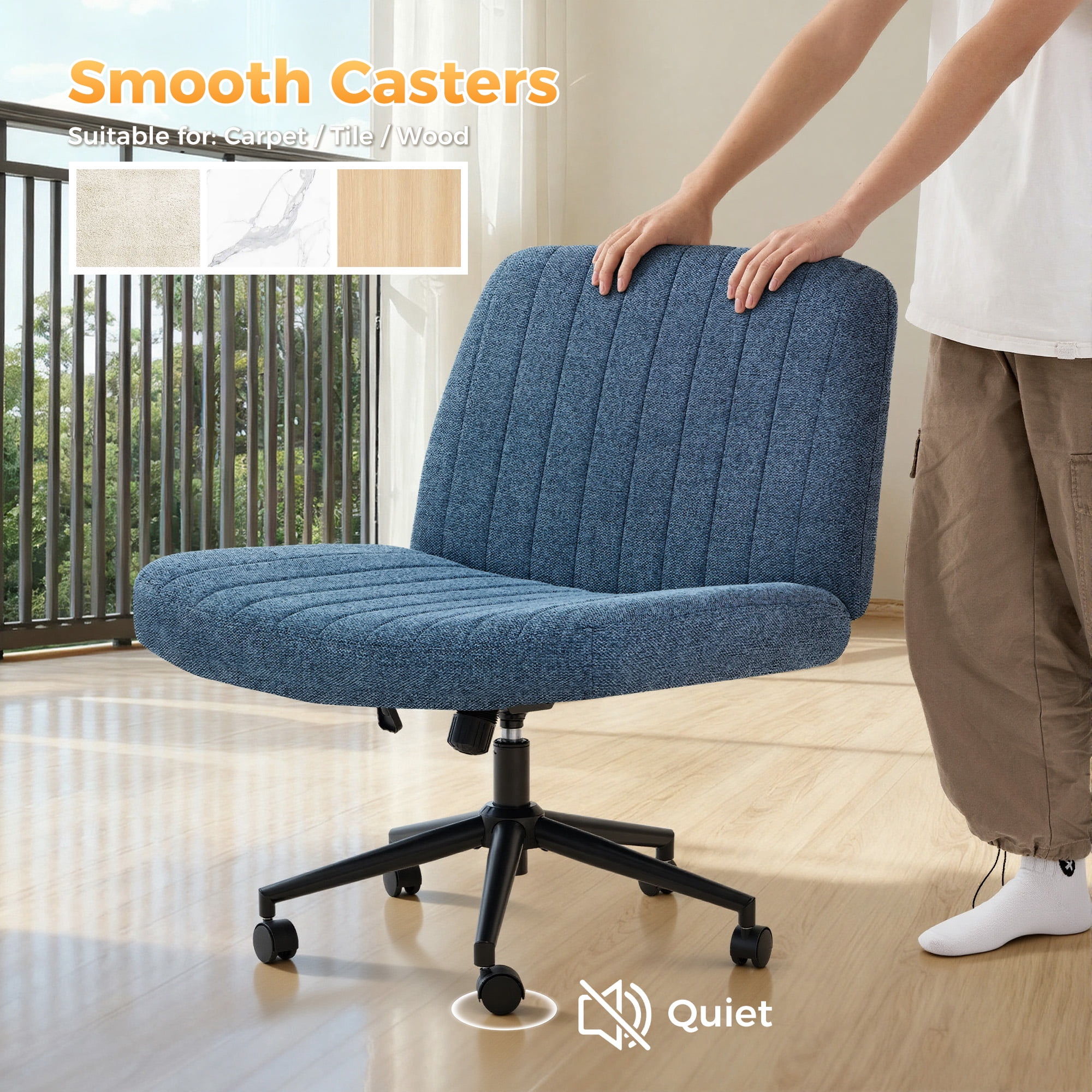 Office Chair Armless Criss Cross Legged Chair with Wheels, Comfy Home Office Desk Chairs, Adjustable Swivel Padded Fabric Vanity Task Computer Chair,Blue
