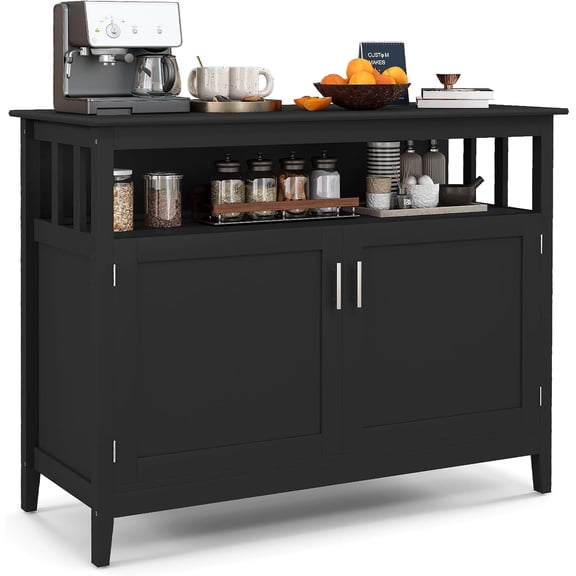 Buffet Cabinet, Modern Sideboard with Doors & Adjustable Shelves, Credenza Storage Cabinet, Wood Buffets & Sideboards, Coffee Bar Table for Kitchen, Dining Living Room, Entryway (Black)
