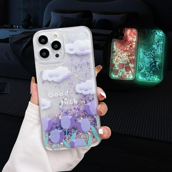 Compatible with iPhone 15 Pro Quicksand Light up Case Glow in The Dark Liquid Fluorescent Floating Waterfall Floral Tulip Case Women Girly Soft TPU Luminous Shockproof Phone Cover, Purple