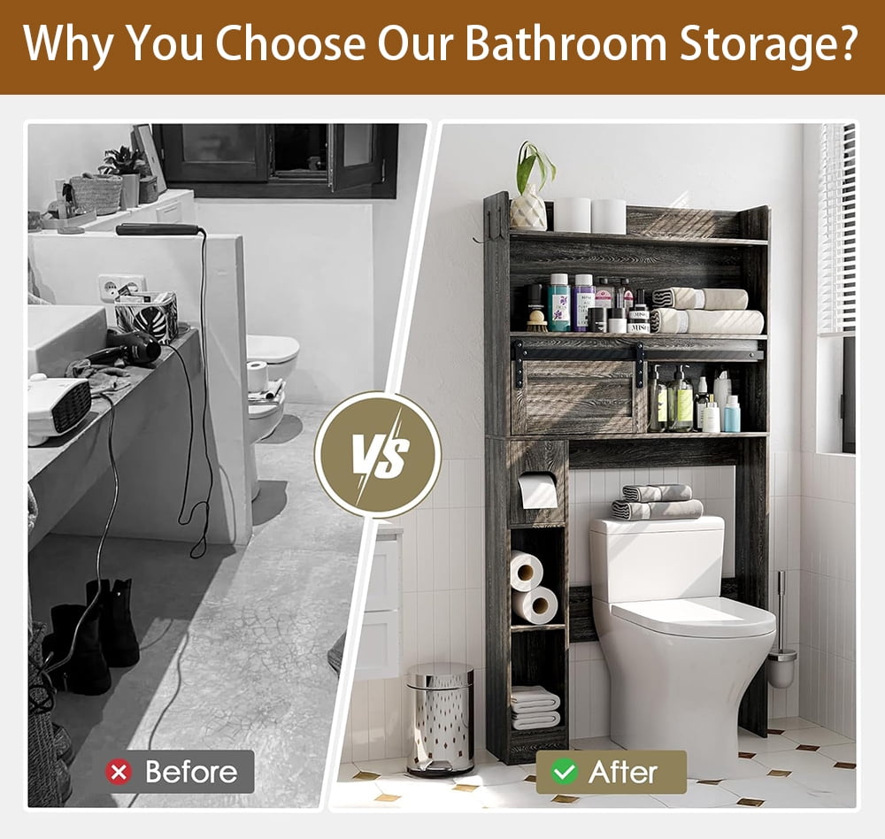 MIDOQIN Over The Toilet Storage Cabinet, Farmhouse Wooden 6-Tier Bathroom Organizer with Adjustable Bottom Bar Home Space-Saving Toilet Rack