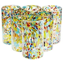 6-Pack Hand Blown Mexican Glassware, Confetti Rock Glasses for Whiskey, Juice, Beverages, Beer, Cocktails, Heavy Duty and Reusable (Colorful Design, 14 oz Capacity)