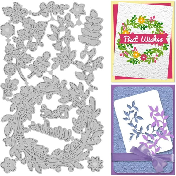 Vine Plant Metal Cutting Dies for Card Making Wreath Die Cuts Vine Cutting Dies Flowers Die Cuts with Word Blessings Plant Embossing Stencil for DIY Scrapbooking Wedding Birthday Card Decor
