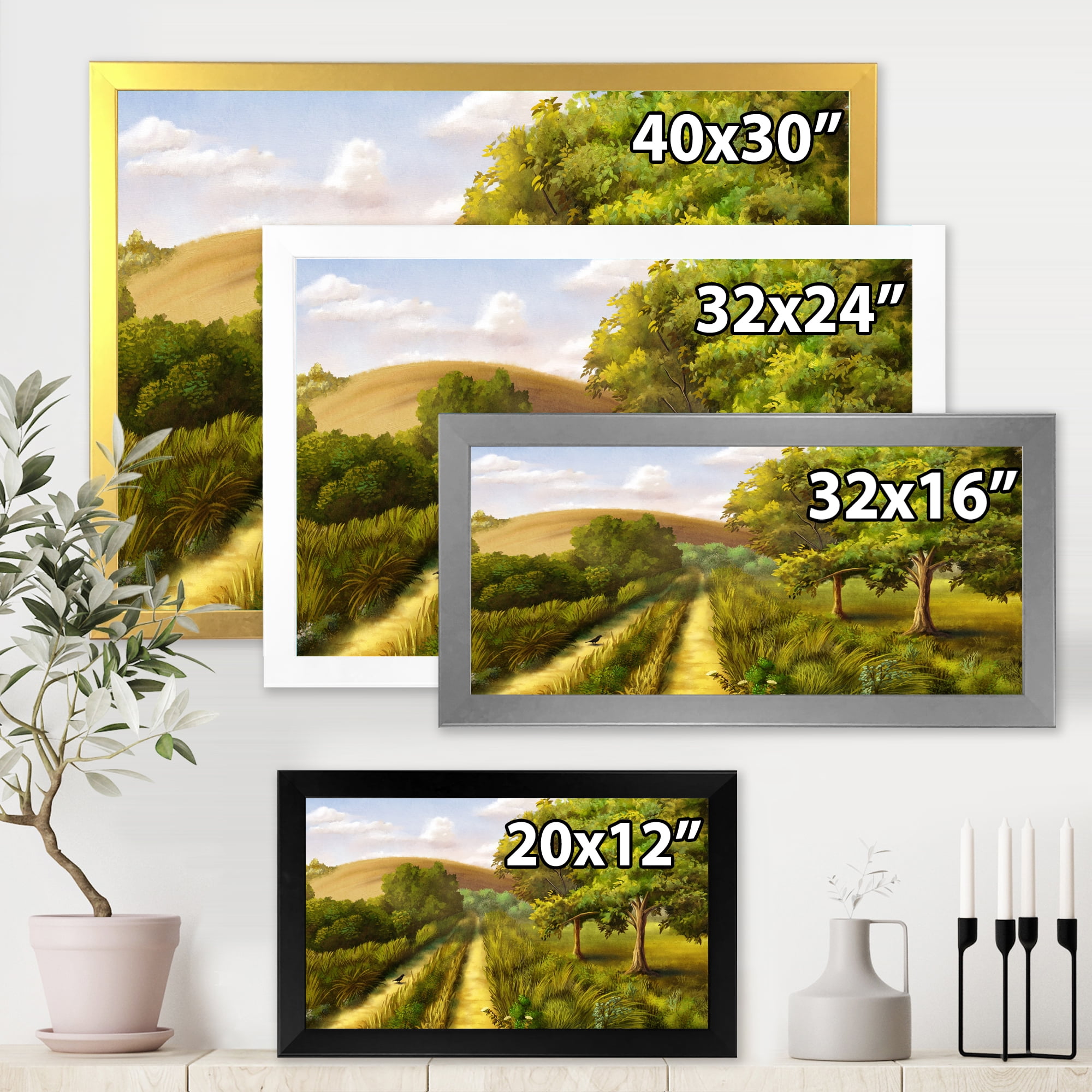Vital Country Road During Summer 40 in x 30 in Framed Painting Canvas Art Print, by Designart