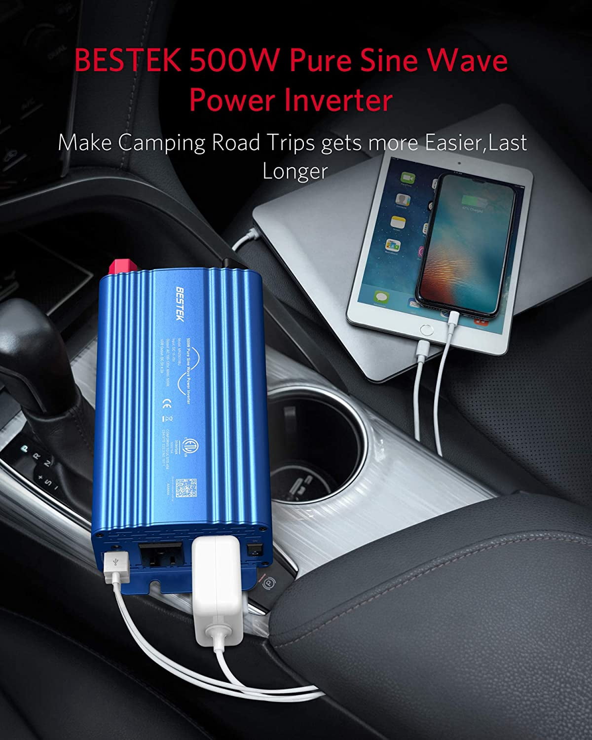 BESTEK 500W Pure Sine Wave Car Power Inverter, DC 12V to 110V AC Car Charger Adapter Converter with Cigarette Lighter Socket, 4.2A Dual USB Ports & 2 AC Outlets, ETL Listed, Blue
