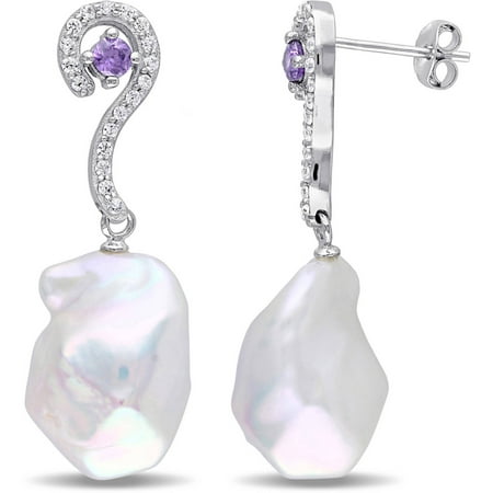 10-10.5mm White Baroque Cultured Freshwater Pearl, 1-1/6 Carat T.G.W. Cubic Zirconia and Purple Cubic Zirconia Sterling Silver Question Mark Design Dangle Earrings