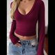thumbnail image 5 of Camisas de Larga para Mujer, Moda de Otoño, Cuello en V, Básicas, Tops Cortos, Entallados, Y2K, Conjuntos, Ropa. Vino Tinto XL, 5 of 8