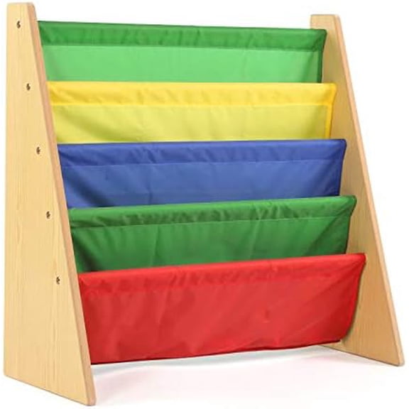 4-Tier Kids Bookshelf, Natural Wood/Primary - Premium Book Shelf for Kids Rooms with Four Deep Pockets - Toddler Sling Book Rack with Deep Sleeves, Nursery Bookcase Organizer
