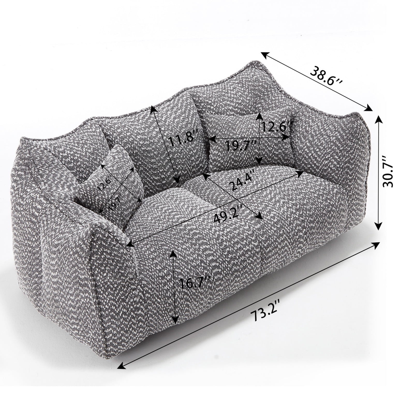 Giant Bean Bag Chair Sofa for Two, Oversized Foam-Filled Floor Loveseat with Chenille Fabric, Grey Recliner for Living Room, Bedroom, Apartment