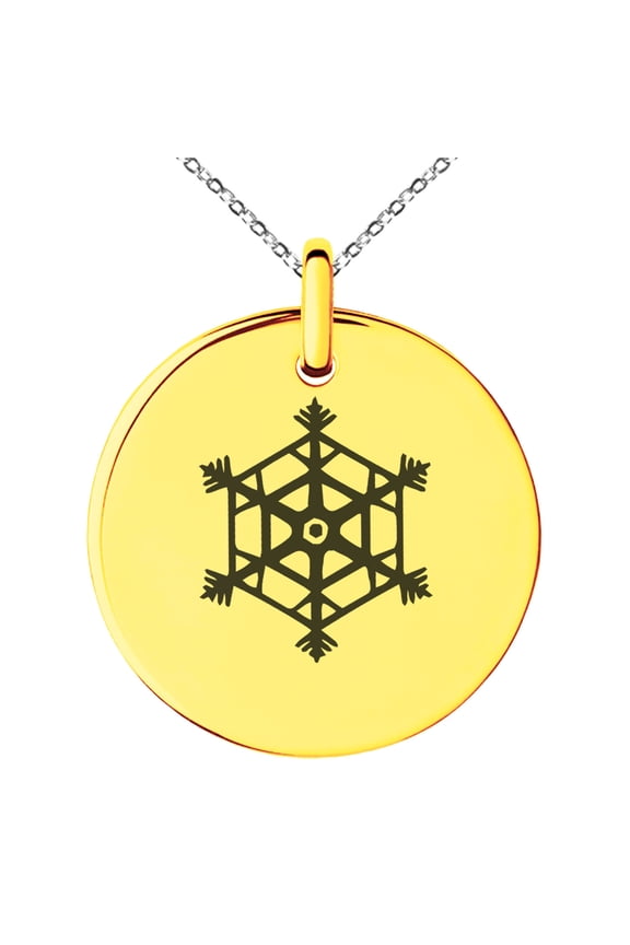 Rose Gold Stainless Steel Crystallized Snowflake Engraved Small Medallion Circle Charm Pendant Necklace