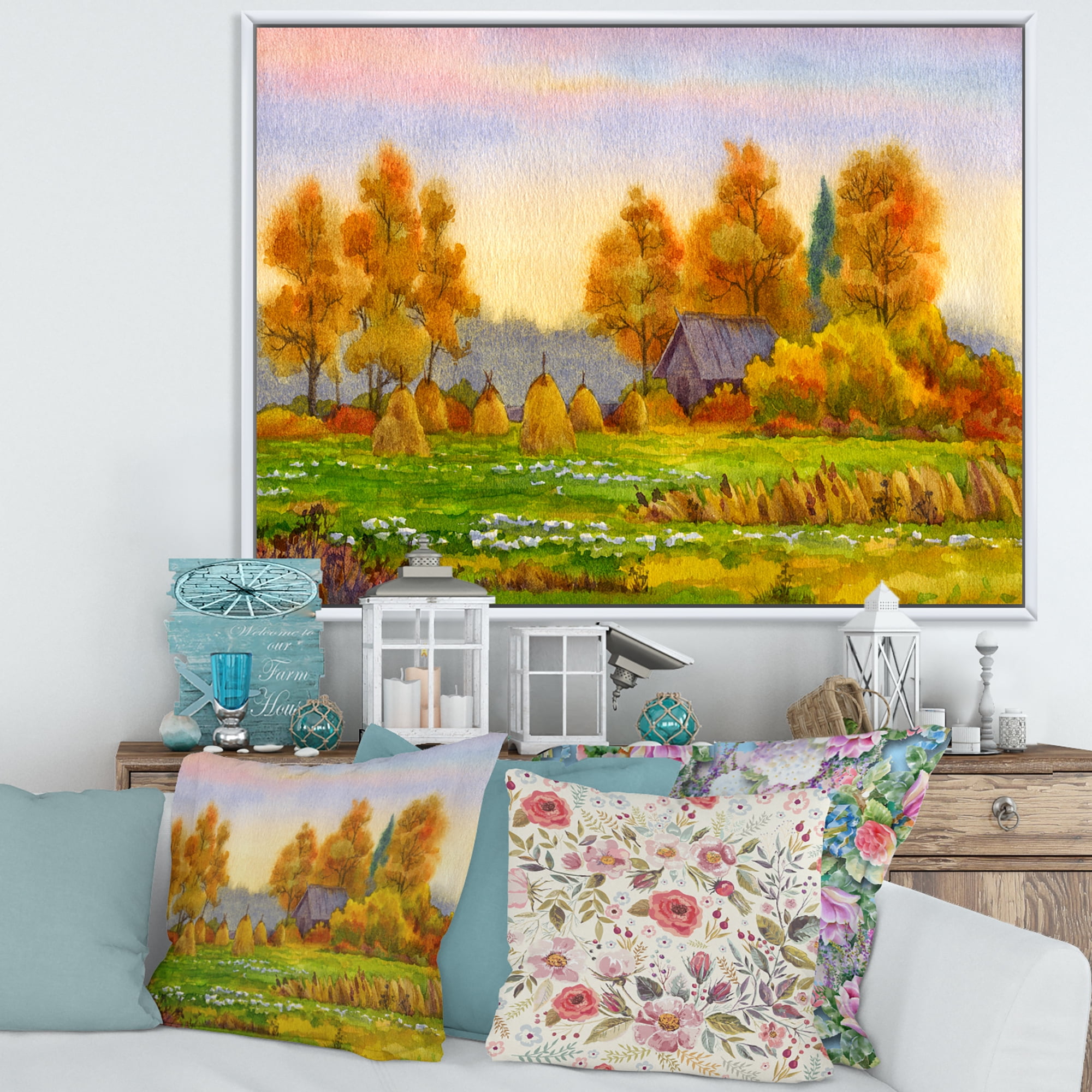 Orange Fields With Haystacks I 40 in x 30 in Framed Painting Canvas Art Print, by Designart