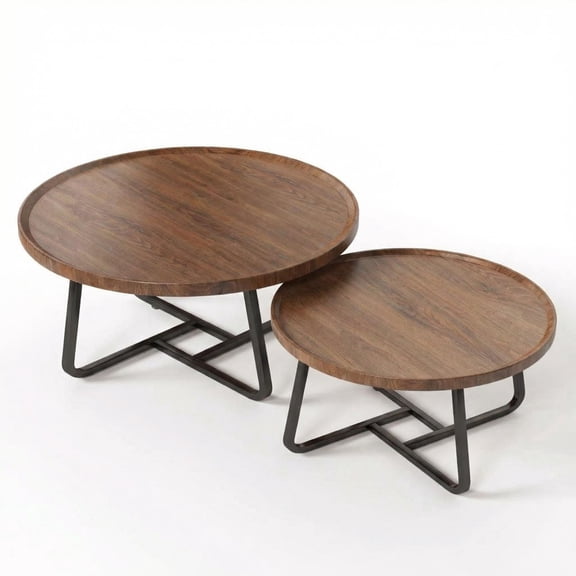 Mid Century Modern Nesting Coffee Table Set of 2 – Fluted Wood Circle Tables – Sturdy Metal Frame – Easy Assembly – Ideal for Living Room, Bedroom, Office, Sofa, Balcony – Walnut Color Combination