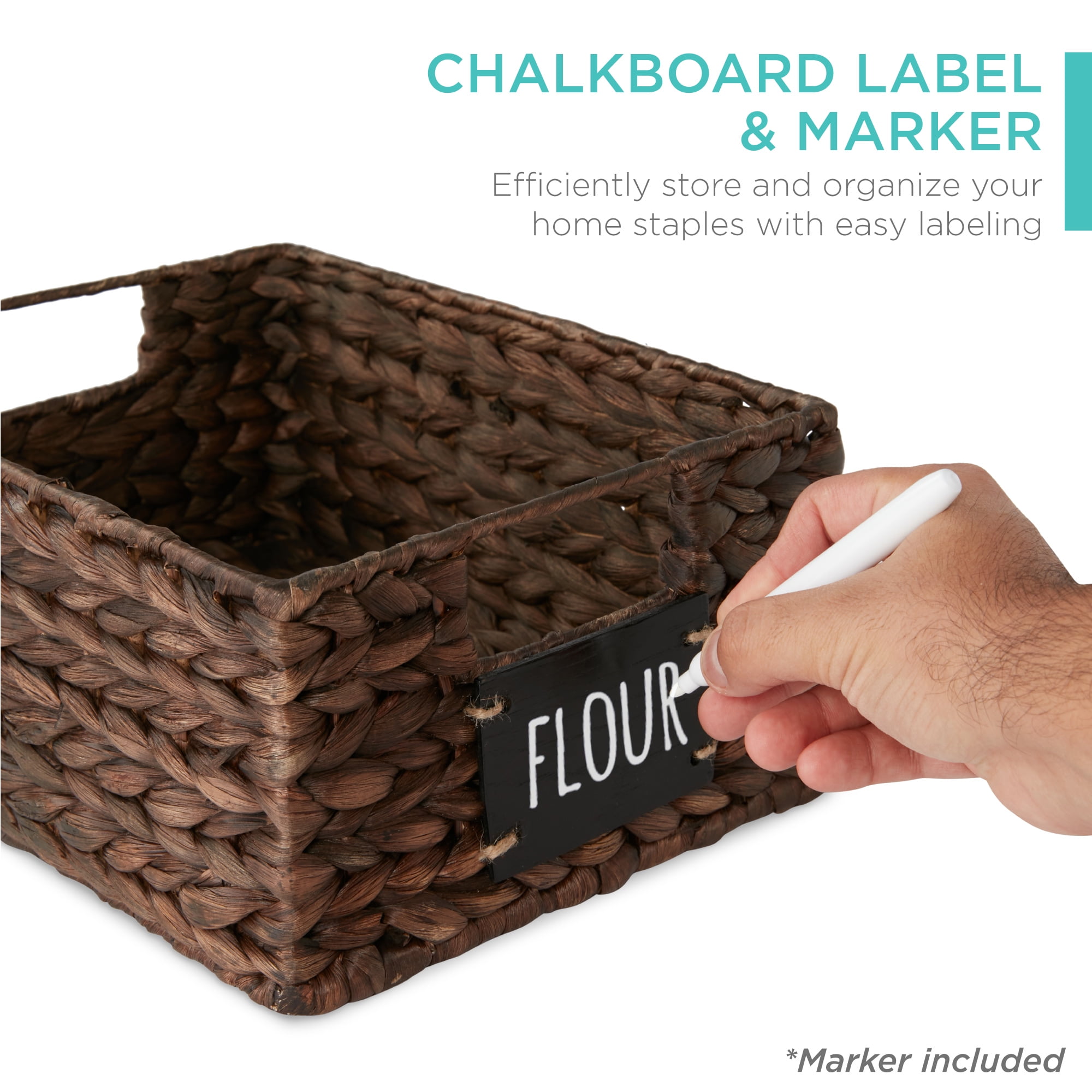 Best Choice Products Set of 4 12in Woven Water Hyacinth Pantry Baskets w/ Chalkboard Label, Chalk Marker - Brown