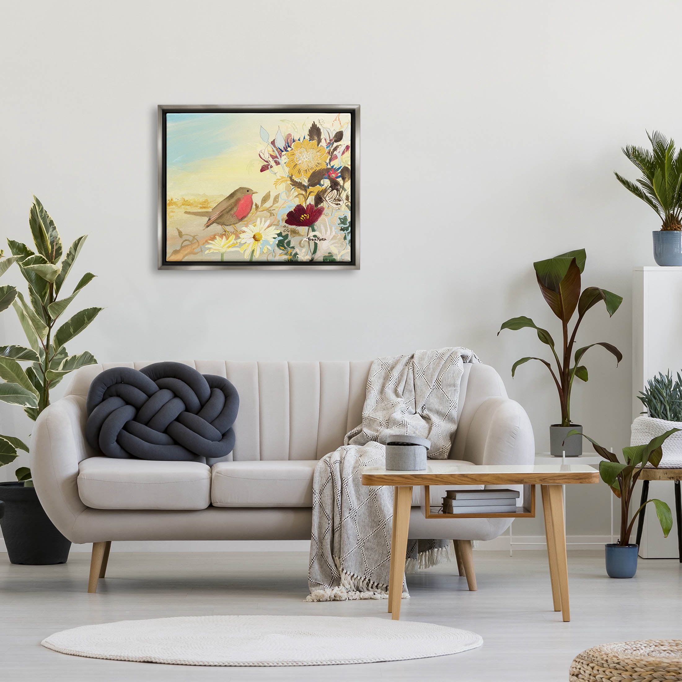Stupell Industries Mixed Floral Bird Arrangement Painting Luster Gray Floating Framed Canvas Print Wall Art, Design by Robin Maria