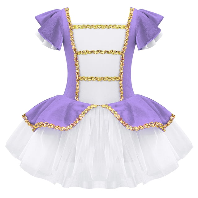 Jhaoyu Robe de Patinage de Noël pour Filles Enfants Tenue de Cosplay Robe Tutu de Danse à Manches Courtes Robe de Fête Élégante Violette 14