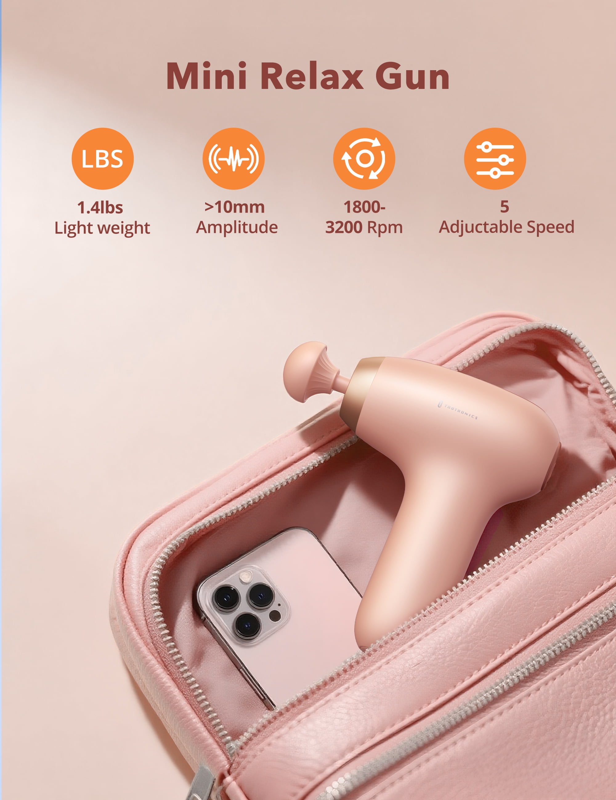Massage Gun, Deep Tissue Muscle Massager Handheld Cordless Back Massager with 5 Speeds and 4 Heads, Pink