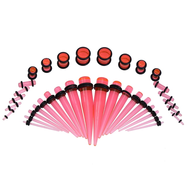 36pcs Fashionable Acrylic Stretcher Ear Plug Taper Expander O Ring Kit Transparent Pink