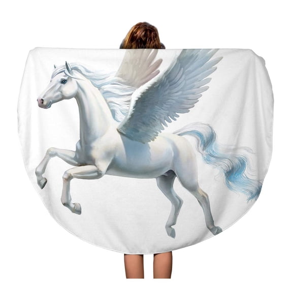SIDONKU 60 inch Round Beach Towel Blanket Unicorn Pegasus White Horse Flying Cute Moon Beautiful Travel Circle Circular Towels Mat Tapestry Beach Throw