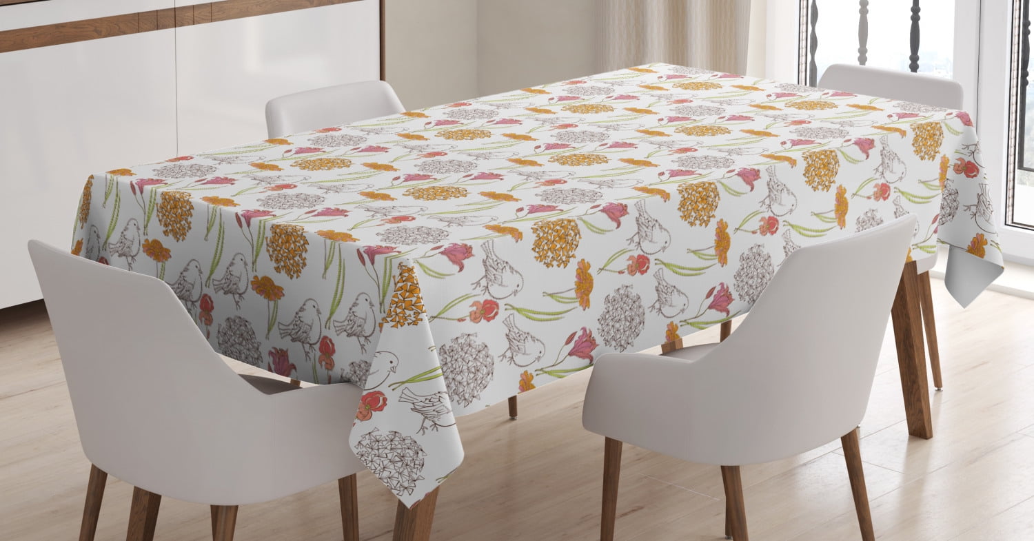 Floral Tablecloth, Retro Spring Themed Foliage Pattern Including Lily and Iris Flowers and Birds