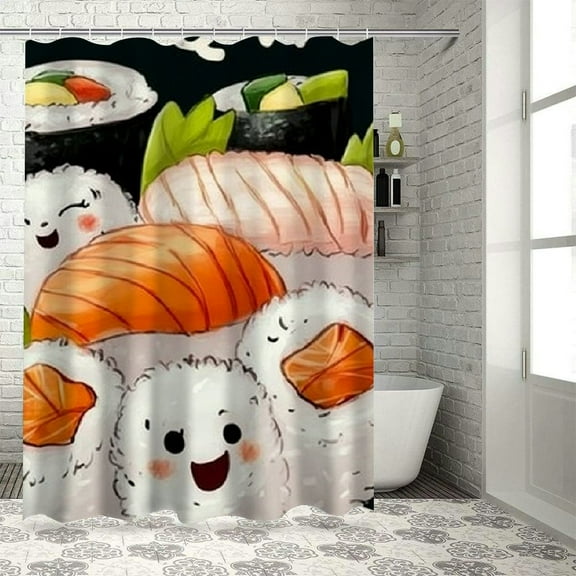 Patifu Sushi Theme Bathroom Décor Set with Hooks, Graphic Print Polyester Stylish Shower Curtain for Bathroom, 100% Polyester Fiber, Water-resistant Shower Curtain Set with Hooks 36"x72