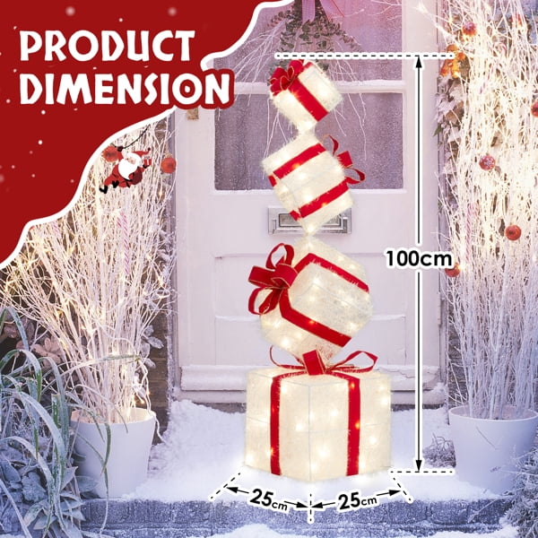 Lighted Christmas Gift Box Tower - 80 Warm White LEDs, Weather-Resistant Metal Frame, Indoor/Outdoor Holiday Decor for Tree, Porch, Yard