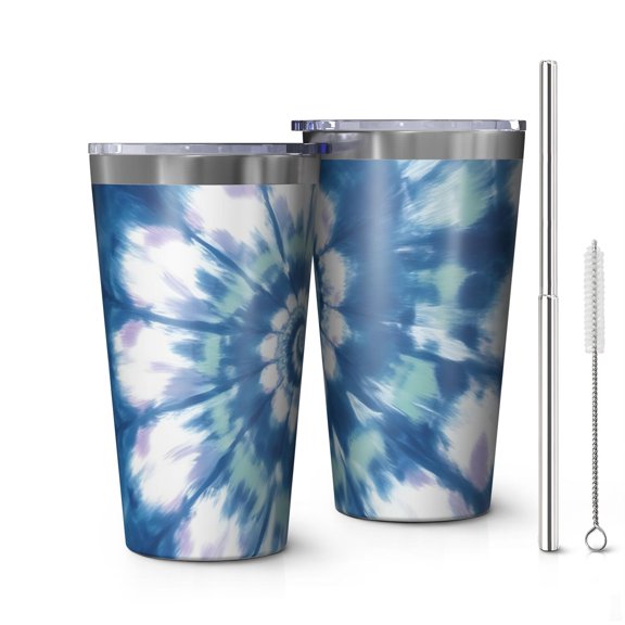 16oz Tumblers Blue White Tie Dye Spiral Pattern Stainless Steel Vacuum Insulated Double Wall Travel Tumbler Cups Mug with Lid and Straw,Cleaning Brush for Coffee,Tea
