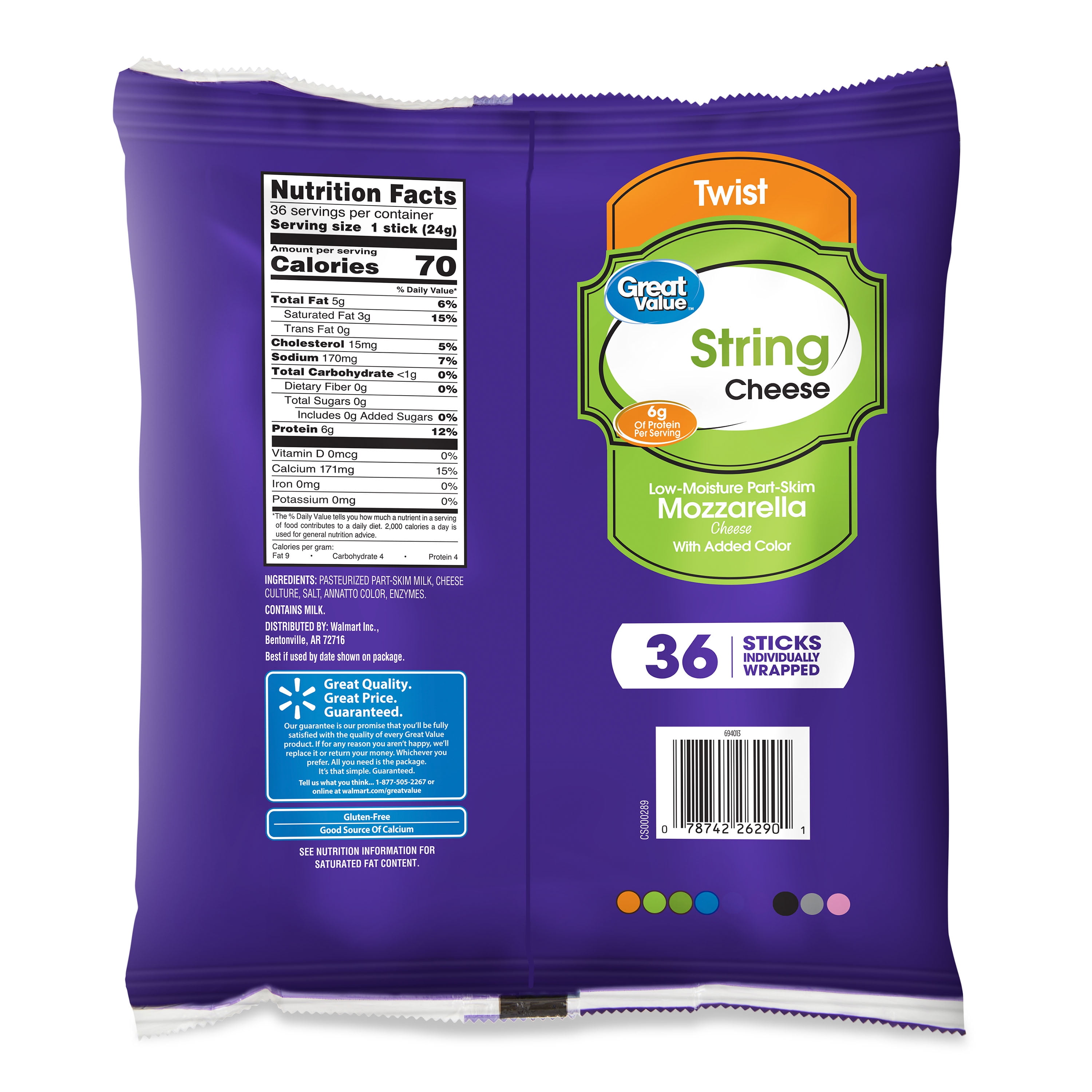 Great Value Low-Moisture Part-Skim Mozzarella Twist String Cheese, 30 oz Bag, 36 Sticks