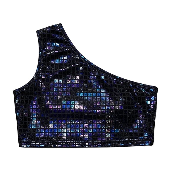 Girls Sequin Cut Crop Top Shimmering Square Pattern Stage Performance Tee for Dance Recital and Party for Kids Black 110/120