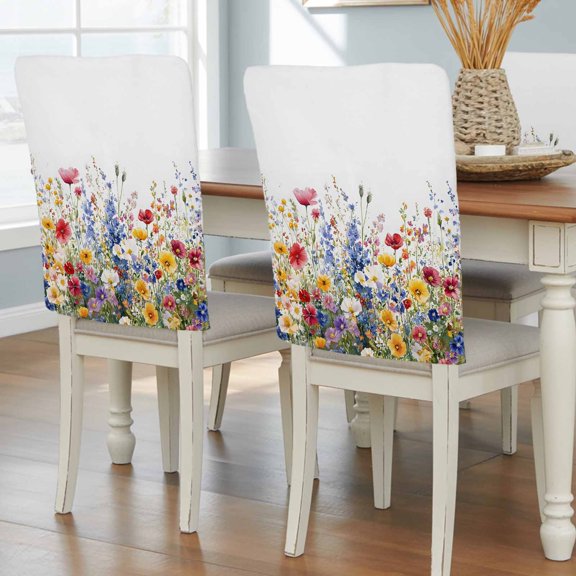 Spring Floral Chair Back Covers Set of 2, Wildflower Removable Dining Seat Cover Washable Kitchen Chair Slipcovers Protective for Party Decoration 19x20in